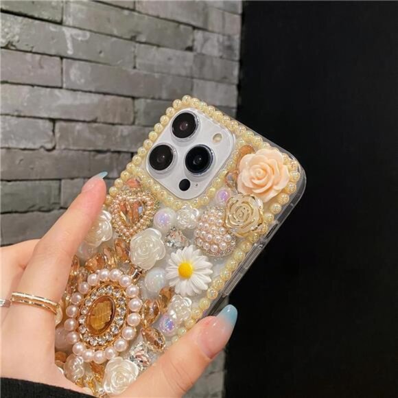 For Iphones Champagne Rose Bling Diamond Phone Case Flower Strap - Picture 2 of 6